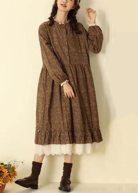 Beautiful Coffee Ruffled Print Pockets Patchwork Cotton Long Dresses Fall