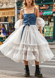 Beautiful Cold Shoulder Patchwork Denim Tulle Maxi Dresses Puff Sleeve