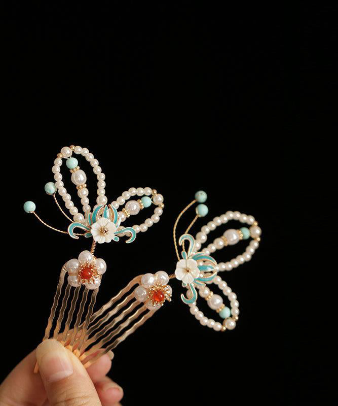 Beautiful Colorblock Copper Pearl Crystal Cloisonne Butterfly Hairpin