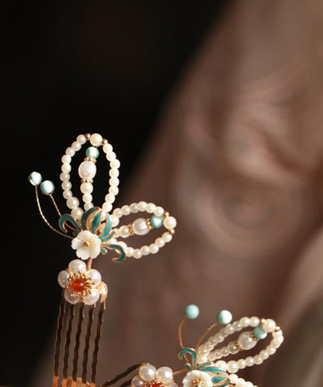 Beautiful Colorblock Copper Pearl Crystal Cloisonne Butterfly Hairpin