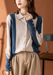 Beautiful Colorblock Peter Pan Collar Patchwork Cashmere Cardigans Spring