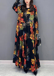 Beautiful Colorblock Print Wrinkled Patchwork Cotton Long Dress Fall