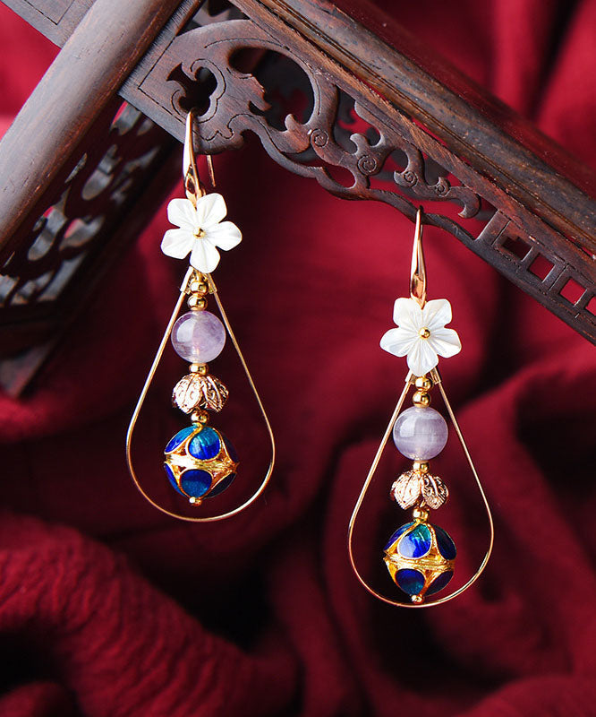 Beautiful Colorblock Shellfish Flower 14K Gold Drop Earrings