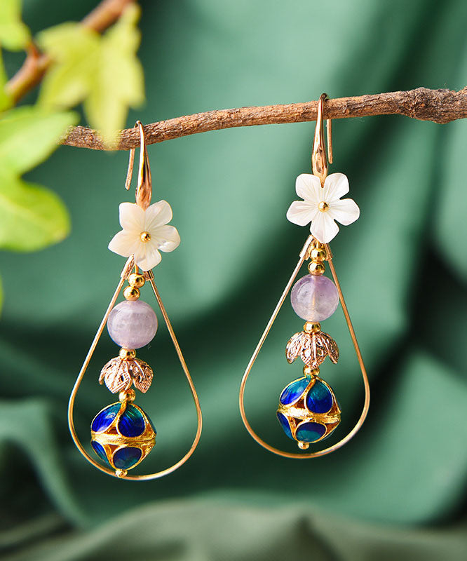 Beautiful Colorblock Shellfish Flower 14K Gold Drop Earrings