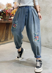 Beautiful Denim Blue Floral Embroideried Elastic Waist Pockets Cotton Harem Pants Summer