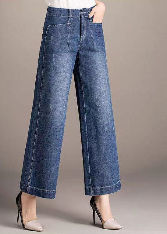 Beautiful Denim Blue High Waist Pockets Draping Cotton Straight Pants Summer