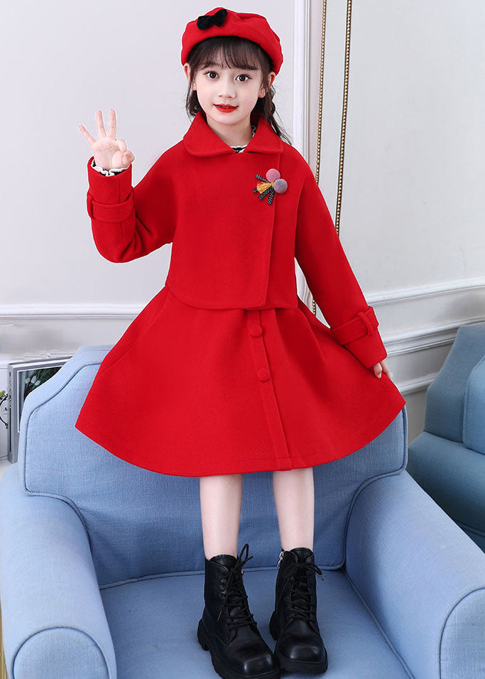 Beautiful Dousha Red Peter Pan Collar Coats And Dress Cotton Kids Two Pieces Set Long Sleeve