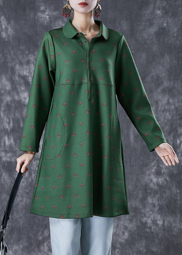 Beautiful Dull Green Peter Pan Collar Print Cotton Dress Fall