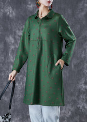 Beautiful Dull Green Peter Pan Collar Print Cotton Dress Fall