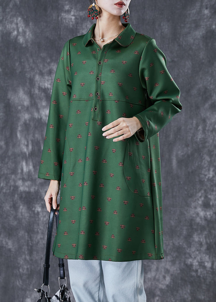 Beautiful Dull Green Peter Pan Collar Print Cotton Dress Fall