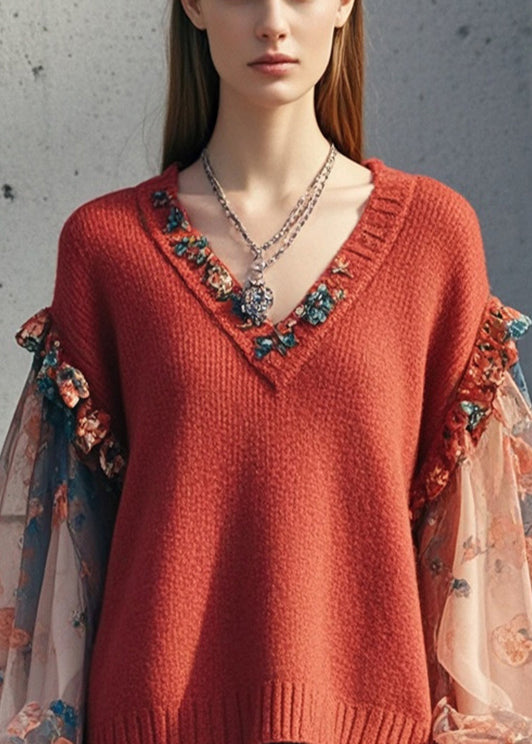 Beautiful Dull Red Ruffled Patchwork Print Short Sweater Lantern Sleeve