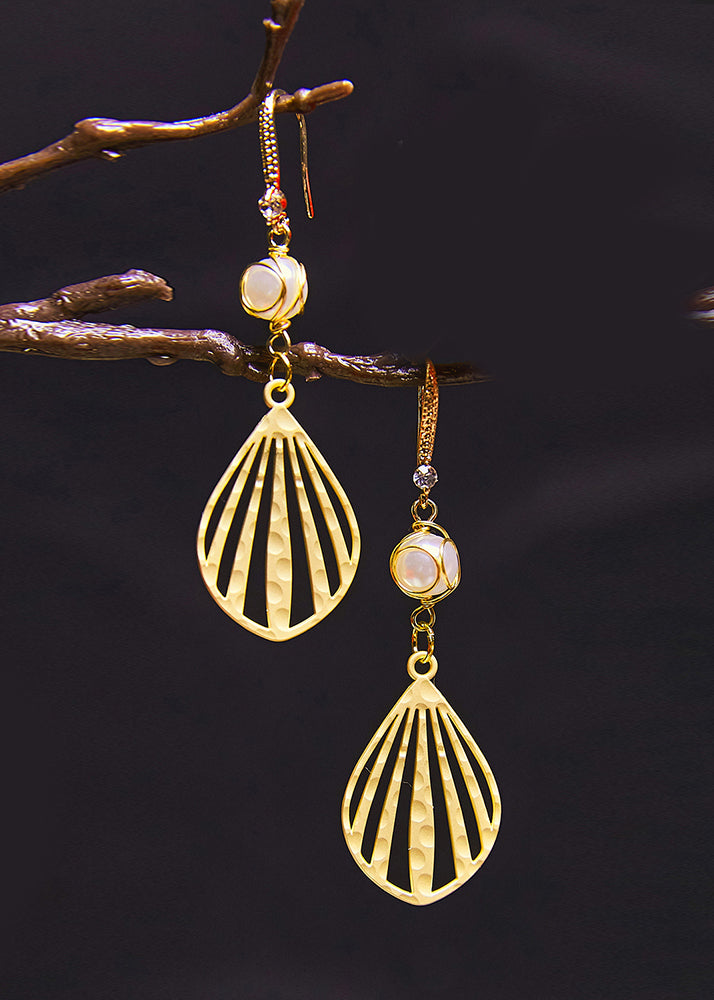 Beautiful Fan-shaped 14K Gold Pearl Drop Earrings 2024 new style