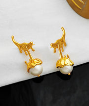 Beautiful Gold Copper Overgild Glass Pearl Stud Earrings