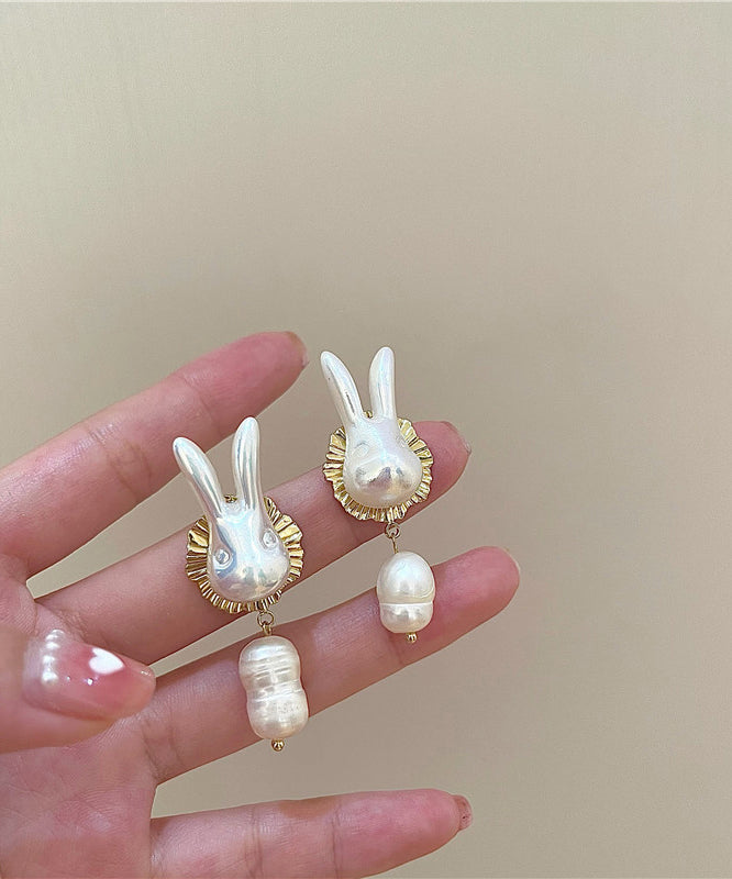 Beautiful Gold Sterling Silver Alloy Pearl Rabbit Drop Earrings