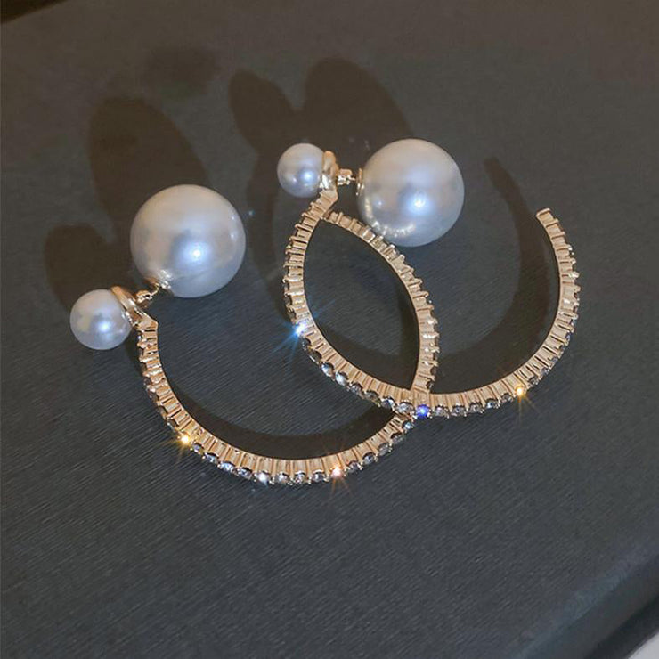 Beautiful Gold Sterling Silver Alloy Zircon Pearl Hoop Earrings