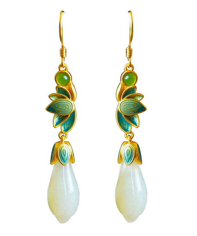 Beautiful Gold Sterling Silver Inlaid Jade Orchid Enamel Drop Earrings