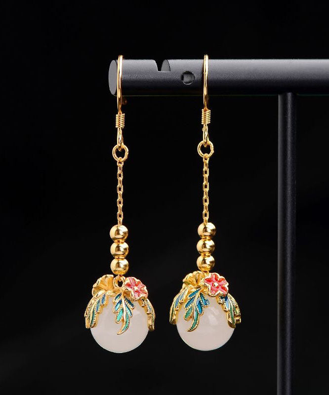 Beautiful Gold Sterling Silver Jade Enamel Floral Drop Earrings