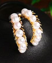 Beautiful Gold Sterling Silver Overgild Pearl Hoop Earrings