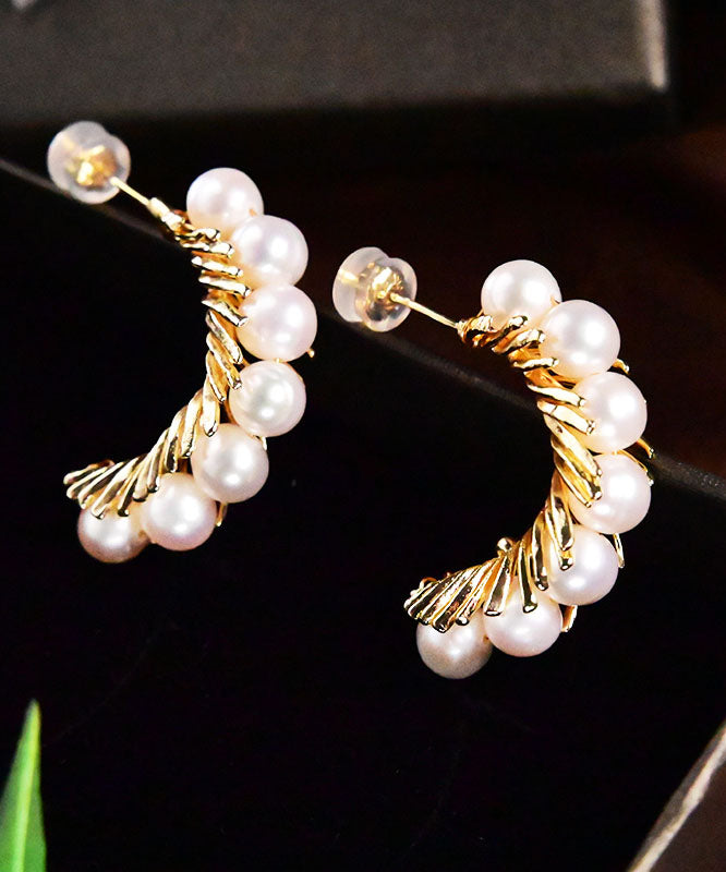 Beautiful Gold Sterling Silver Overgild Pearl Hoop Earrings