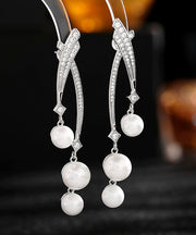 Beautiful Gold Sterling Silver Overgild Pearl Zircon Drop Earrings