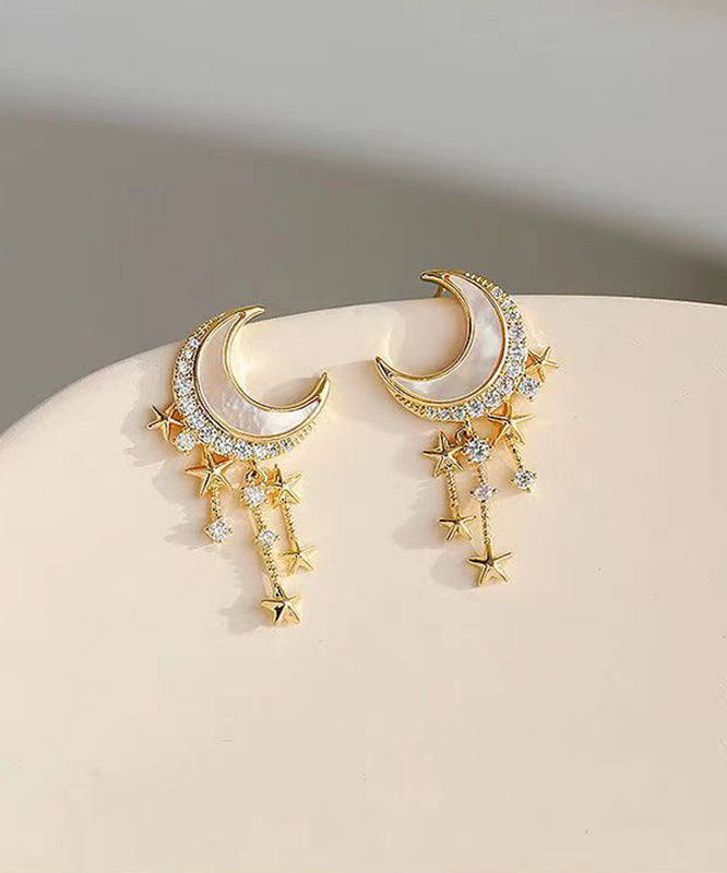 Beautiful Gold Sterling Silver Overgild Zircon Moon Star Drop Earrings