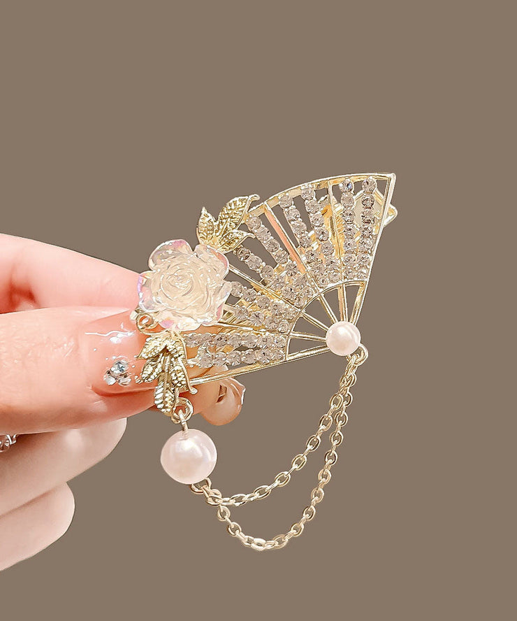 Beautiful Golden Yellow Alloy Crystal Pearl Floral Fan Tassel Duck Mouth Hairpin