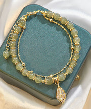 Beautiful Green 18K Gold Inlaid Jade Zircon Leaf Charm Bracelet