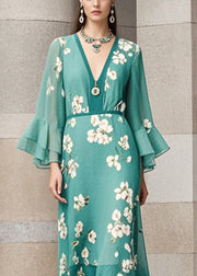 Beautiful Green Cinched Print Chiffon Dress Flare Sleeve