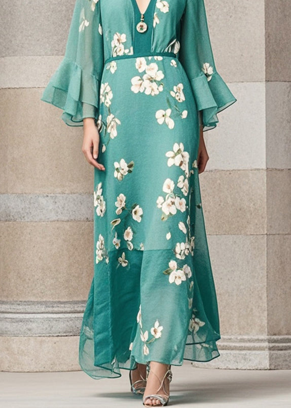 Beautiful Green Cinched Print Chiffon Dress Flare Sleeve