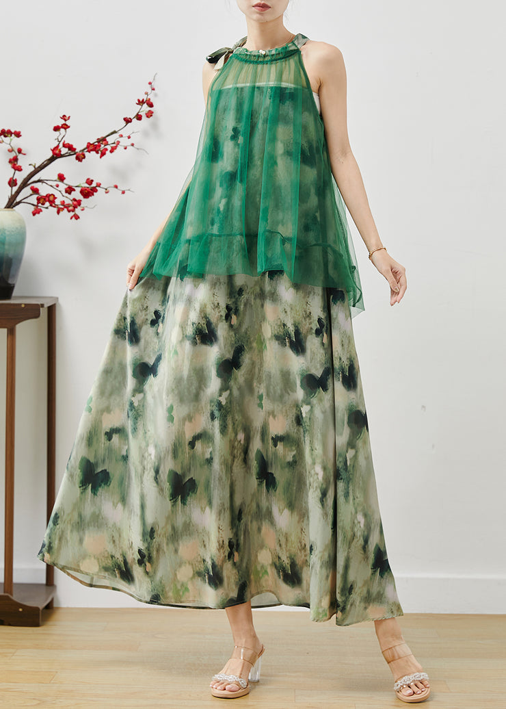 Beautiful Green Cold Shoulder Tie Dye Chiffon Dresses Summer