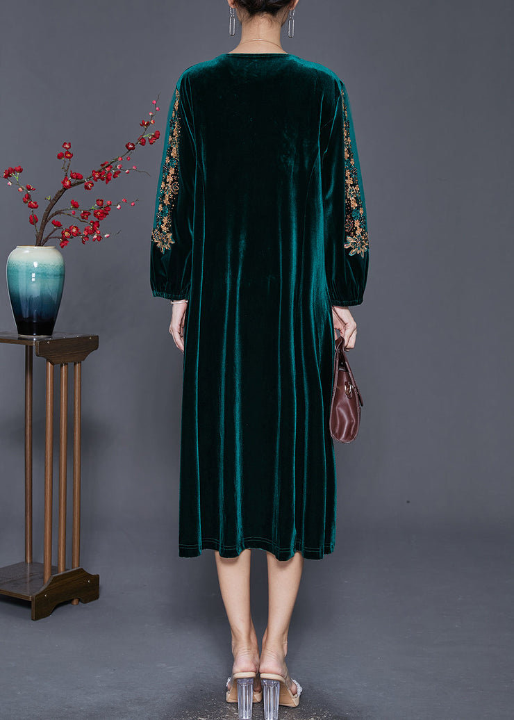 Beautiful Green Embroideried Hollow Out Silk Velour Dress Fall