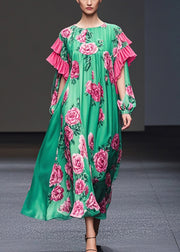 Beautiful Green Floral Print Ruffles Silk Velvet Dresses Fall