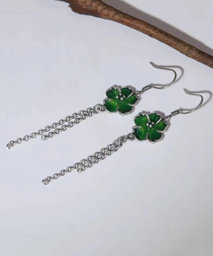 Beautiful Green Floral Tassel Patchwork Silver Drop Earrings