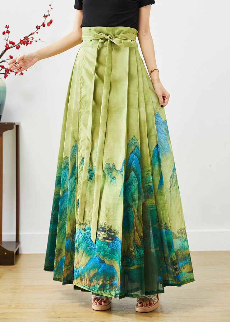 Beautiful Green High Waist Print Pleated Skirt Fall