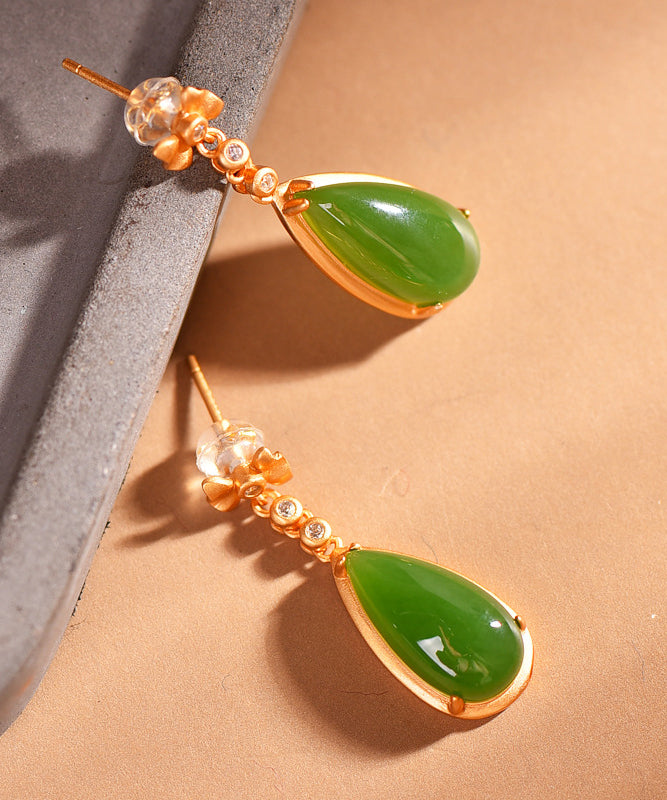 Beautiful Green Hollow Out Sterling Silver Inlaid Hetian Jade Drop Earrings