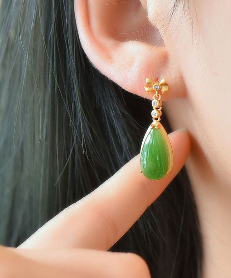 Beautiful Green Hollow Out Sterling Silver Inlaid Hetian Jade Drop Earrings