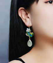 Beautiful Green Jade Cloisonne Synthetic Flower Gem Stone Drip Drop Earrings