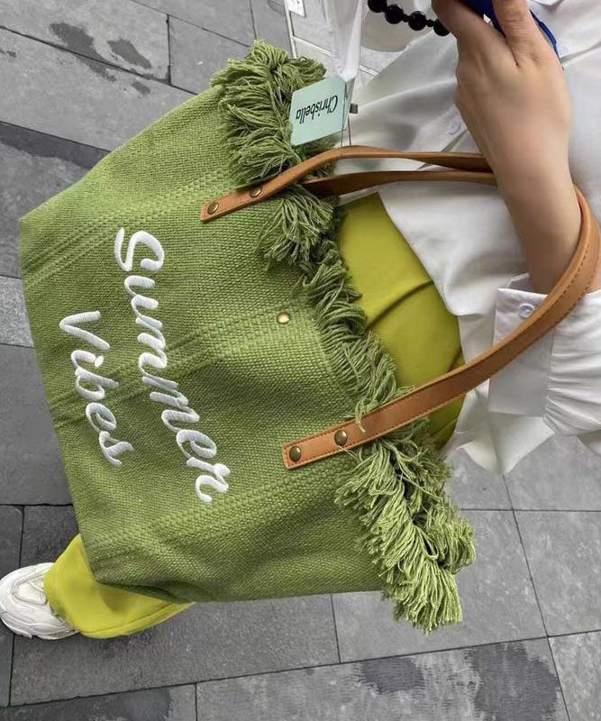 Beautiful Green Letter Embroidery Canvas Oversize Tote Handbag