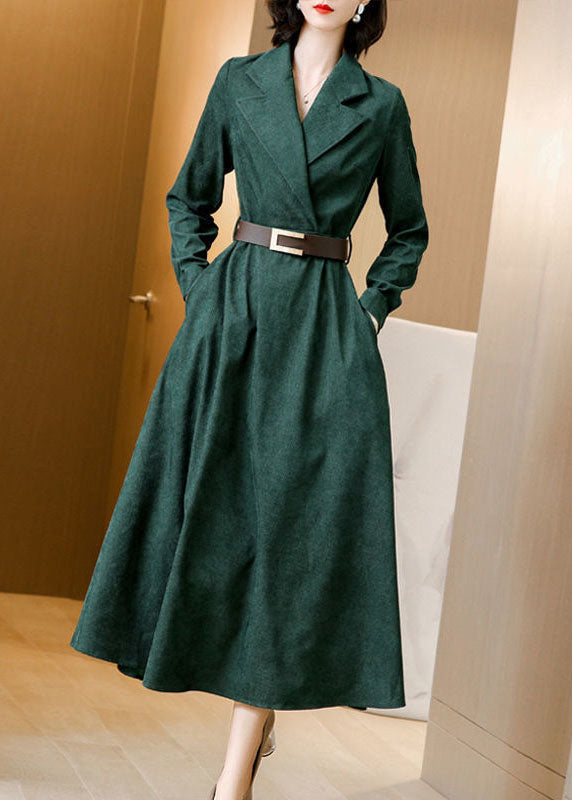 Beautiful Green Notched Collar Sashes Slim Fit Corduroy Maxi Dresses Spring