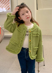 Beautiful Green O Neck Button Patchwork Cotton Girls Coat Fall