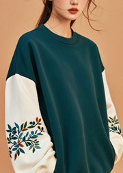 Beautiful Green O-Neck Patchwork Sweatshirt Top Fall