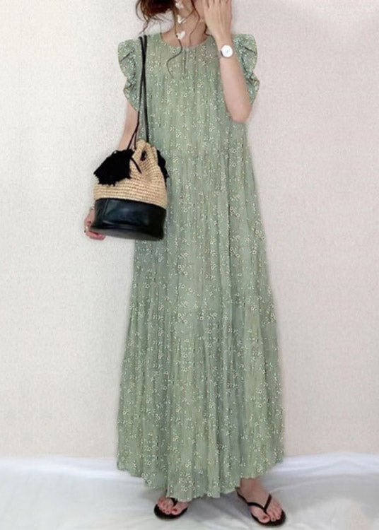 Beautiful Green O-Neck Ruffled Print Holiday Long Dress Summer