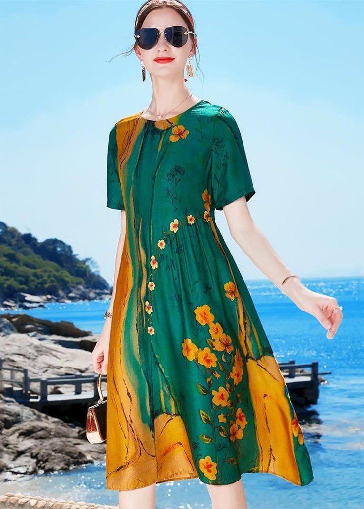 Beautiful Green O-Neck Wrinkled Print Draping Silk Party Dress Short Sleeve