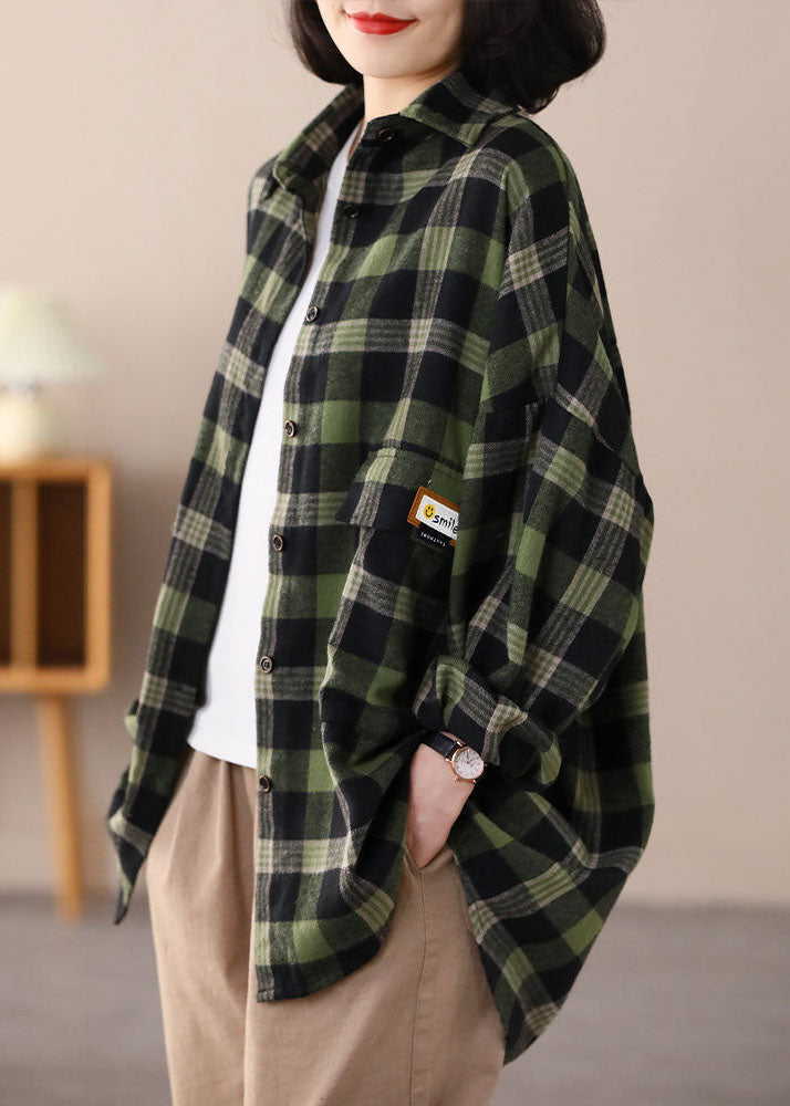 Beautiful Green Oversized Plaid Applique Cotton Shirt Top Spring