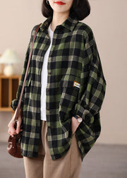 Beautiful Green Oversized Plaid Applique Cotton Shirt Top Spring