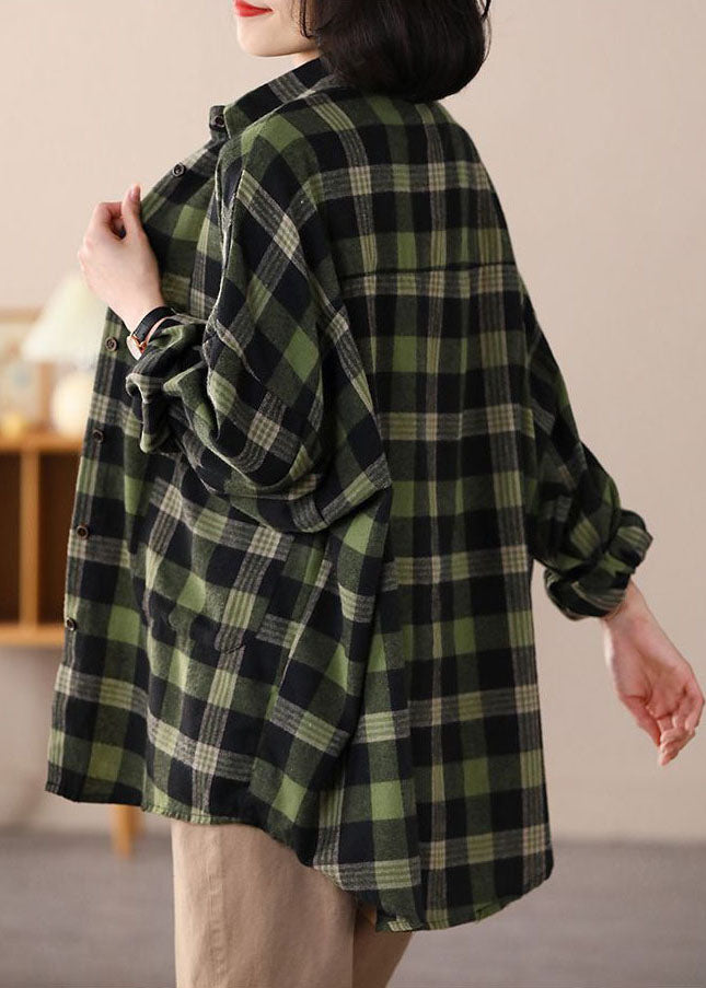 Beautiful Green Oversized Plaid Applique Cotton Shirt Top Spring