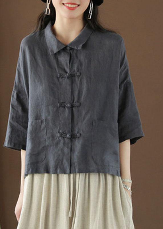 Beautiful gray geometry Peter Pan Collar Pockets Summer Linen top