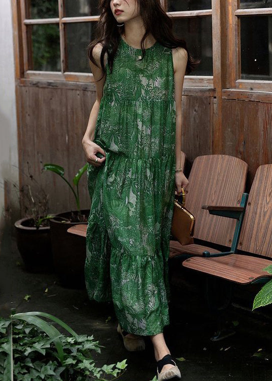 Beautiful Green Print Wrinkled Silk Cotton Dress Sleeveless