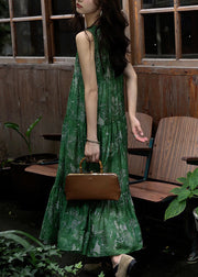 Beautiful Green Print Wrinkled Silk Cotton Dress Sleeveless