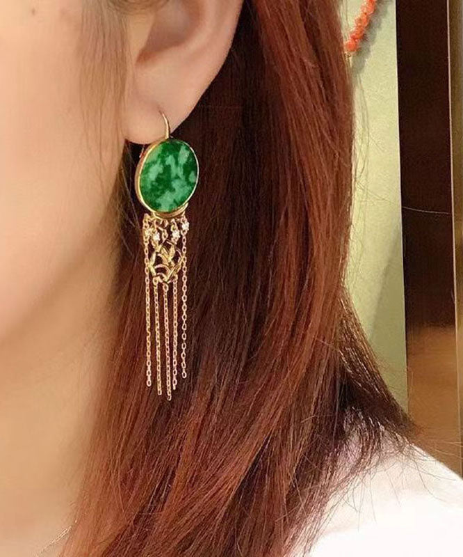 Beautiful Green Sterling Silver Tie Dye Round Tassel Jadeite Drop Earrings